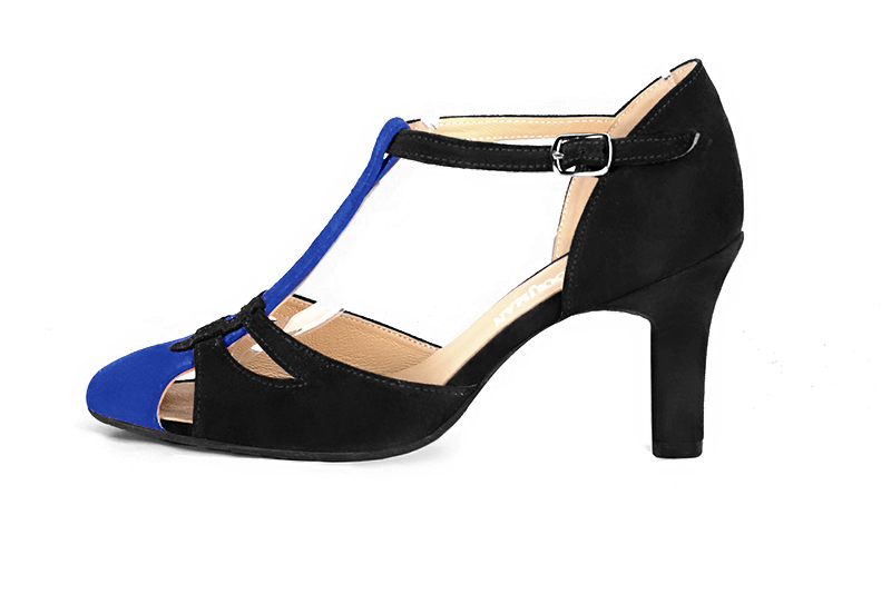 Electric blue and matt black women's T-strap open side shoes. Round toe. High kitten heels. Profile view - Florence KOOIJMAN